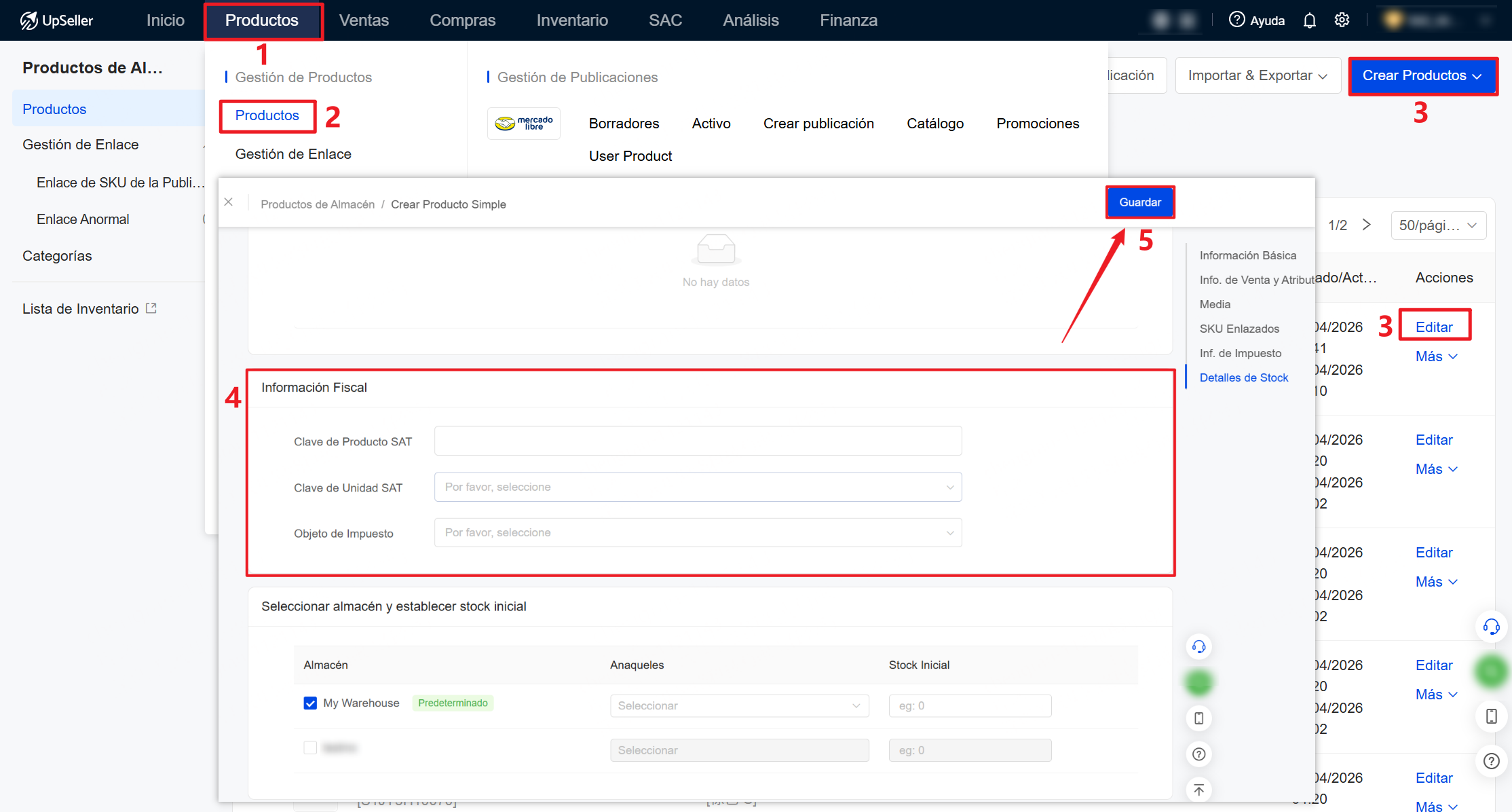 UpSeller permite completar la información de impuestos al crear un producto de inventario y asociarla con la publicación enlazada