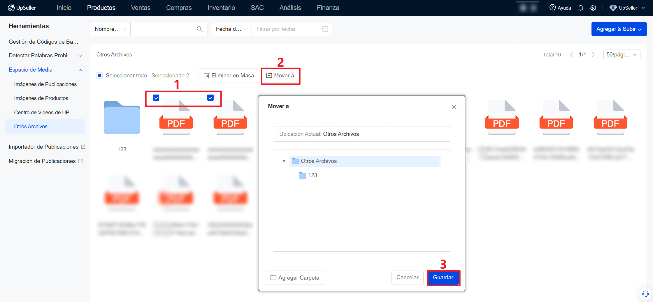 Mover en masa: Puedes mover varios archivos a una carpeta específica