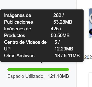 Muestra la cantidad de archivos y el espacio ocupado en cada sección, ayudándote a conocer el uso de Espacio de Media en tiempo real