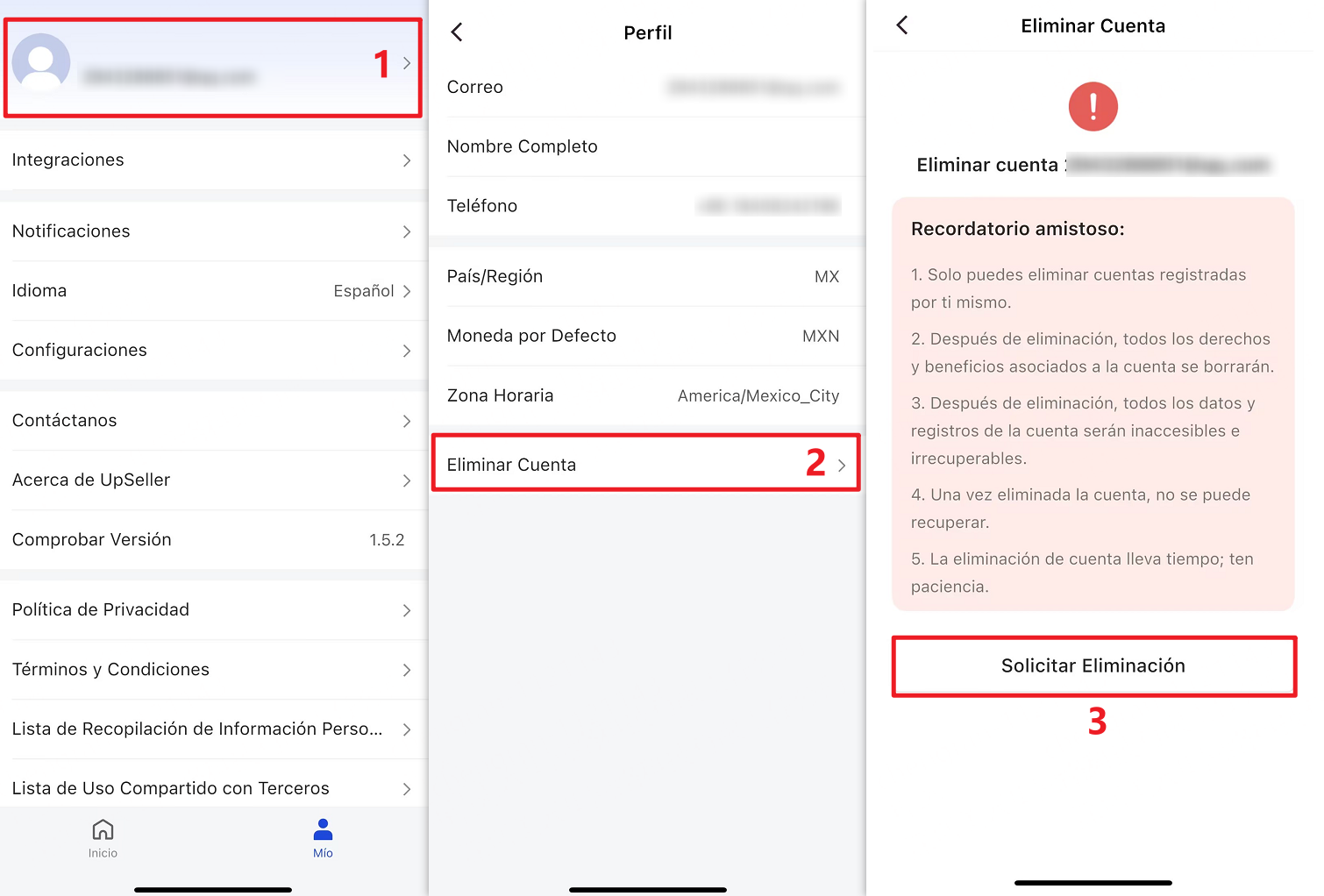 Cómo eliminar la cuenta de UpSeller desde nuestra App mobile?