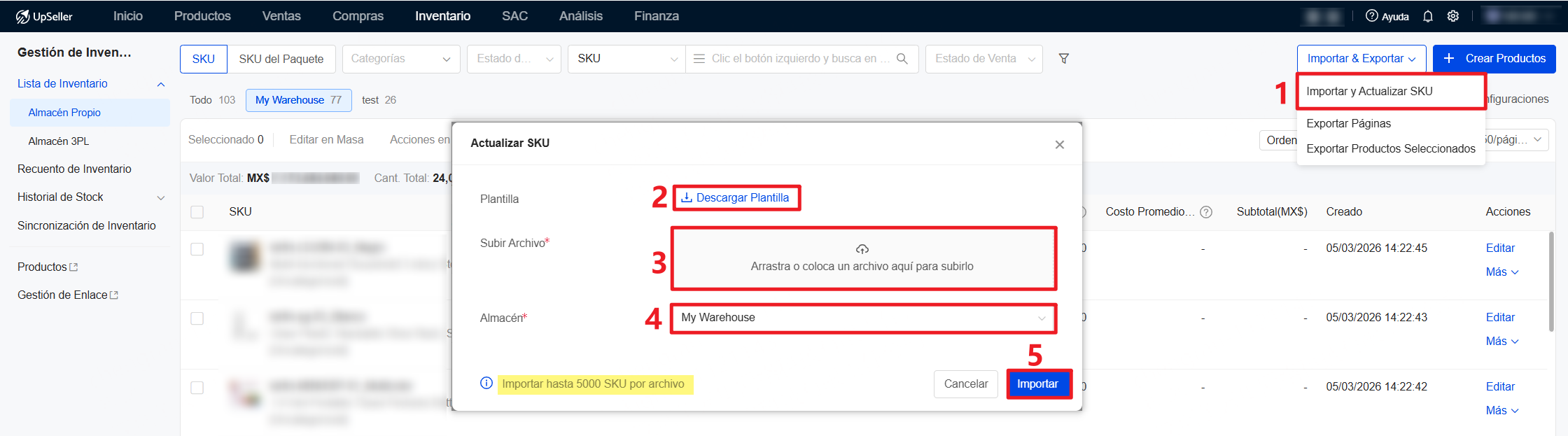 Importar y Actualizar SKU: permite actualizar en masa stock bajo, stock actual y costo promedio por Excel