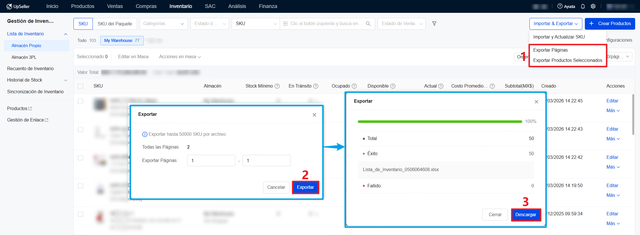 Exportar: Permite exportar SKU seleccionados por páginas o productos seleccionados por Excel, haz clic en Exportar y Descargar
