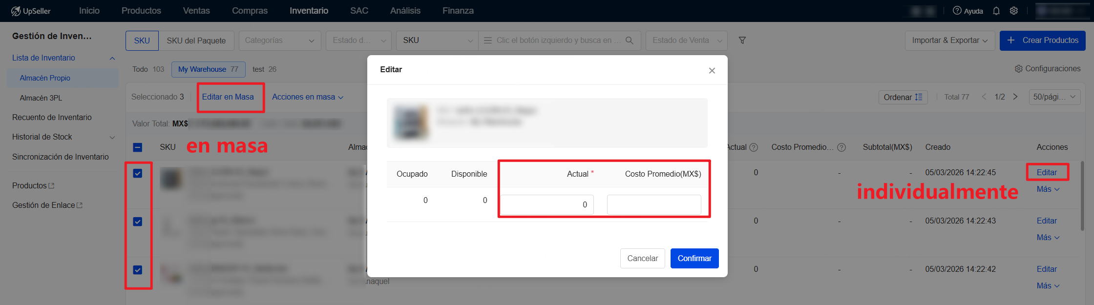 Editar en Masa: Selecciona SKU y haz clic en Editar en Masa o Editar para modificar stock actual y costo promedio de manera masiva o individualmente