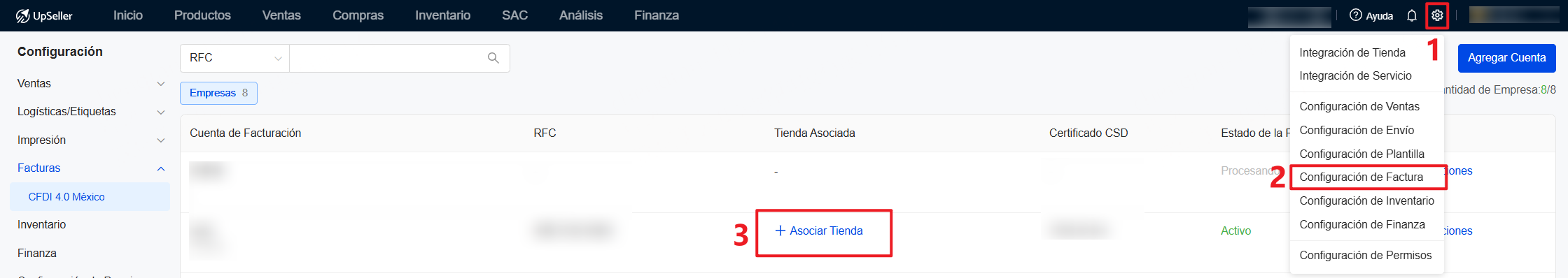 Entrada para asociar la cuenta de facturación de México con tu tienda física