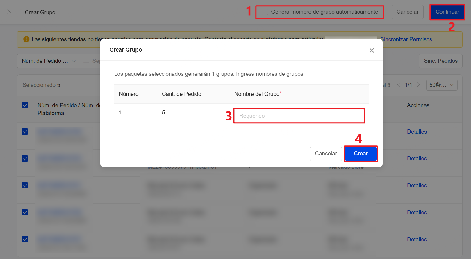 Si no marcas la opción Generar nombre de grupo automáticamente, al hacer clic en Continuar deberás ingresar manualmente nombre del grupo.