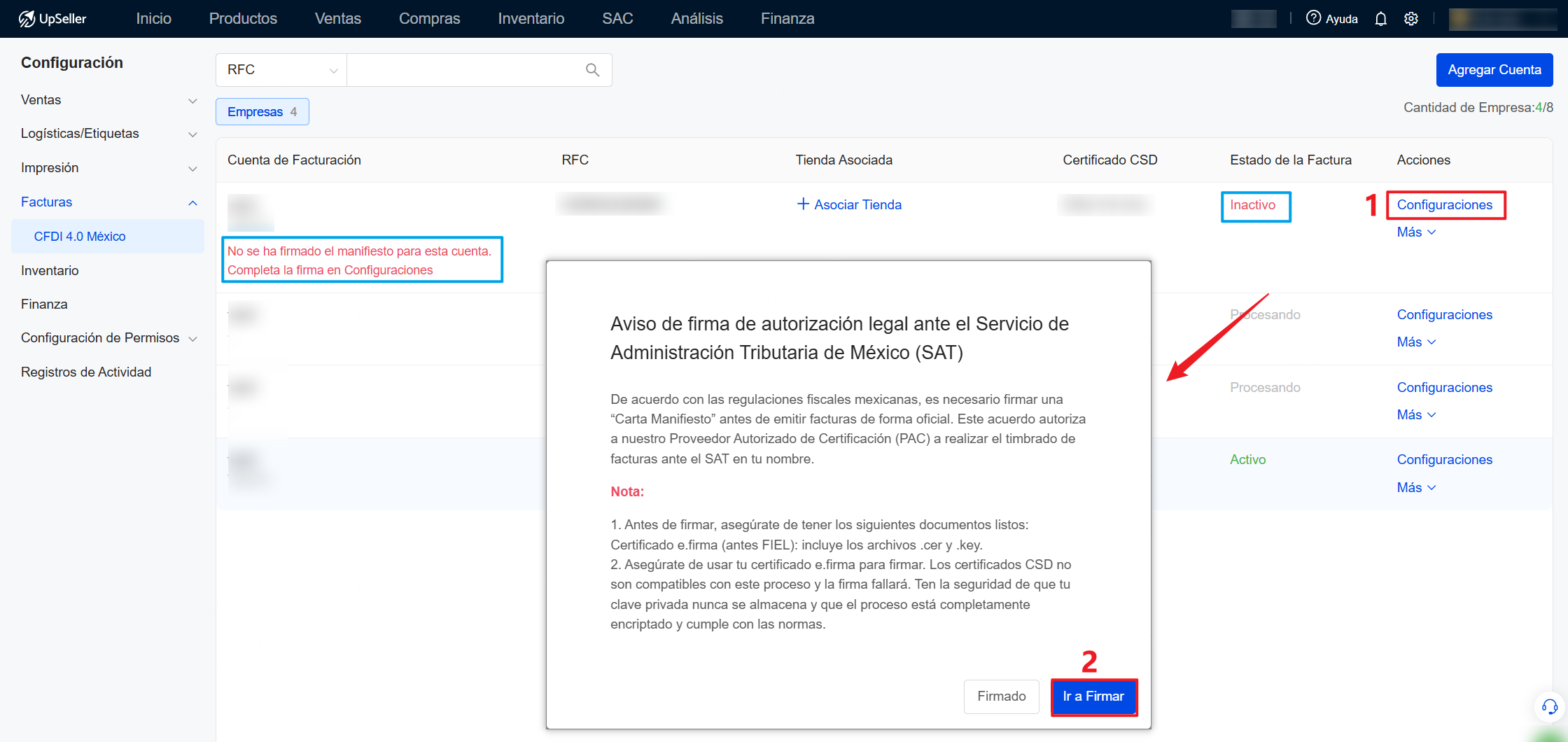 al hacer clic en Configuraciones el sistema mostrará la ventana de firma
