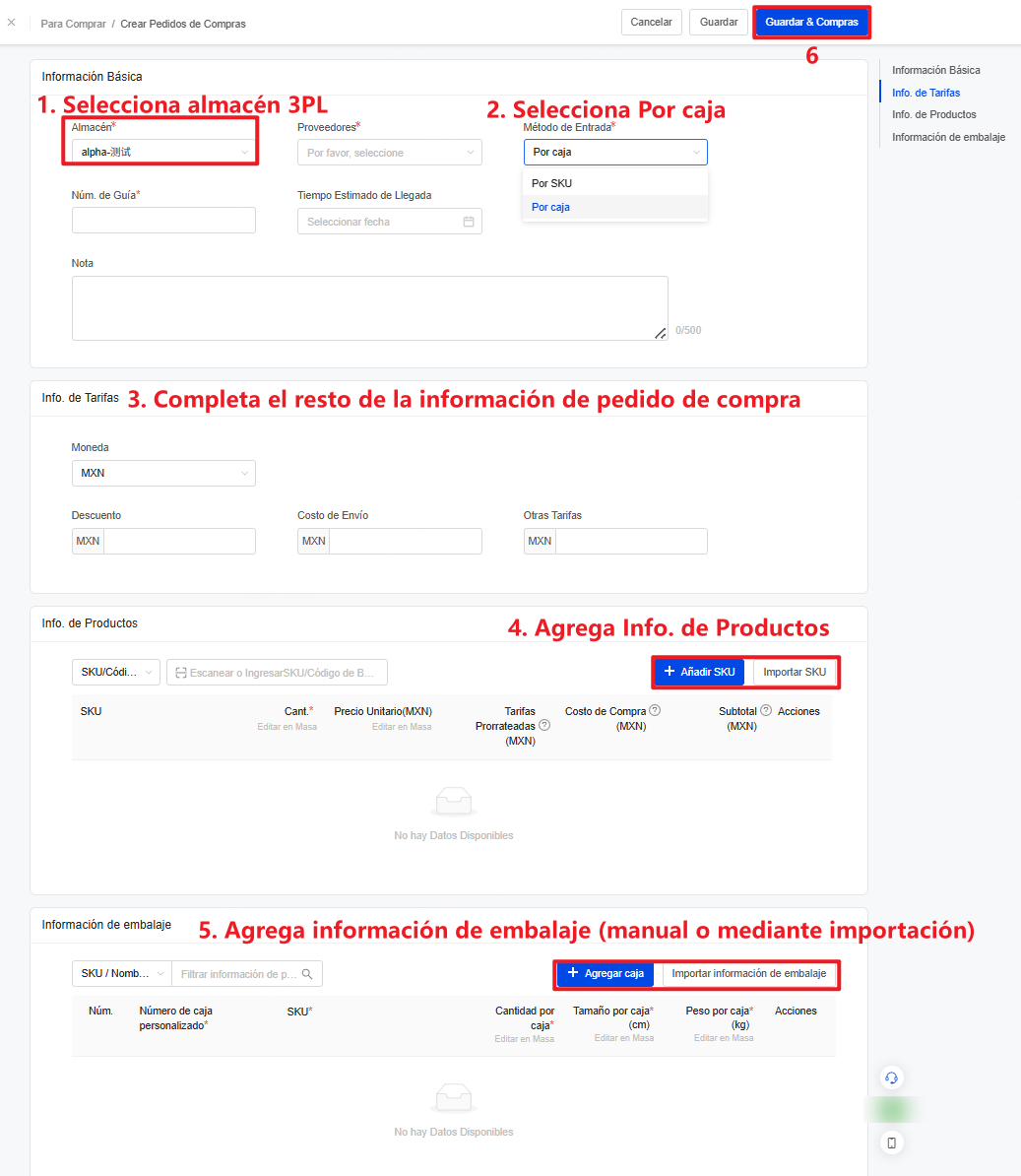 Cómo crear pedidos de compras y agregar información de embalaje?