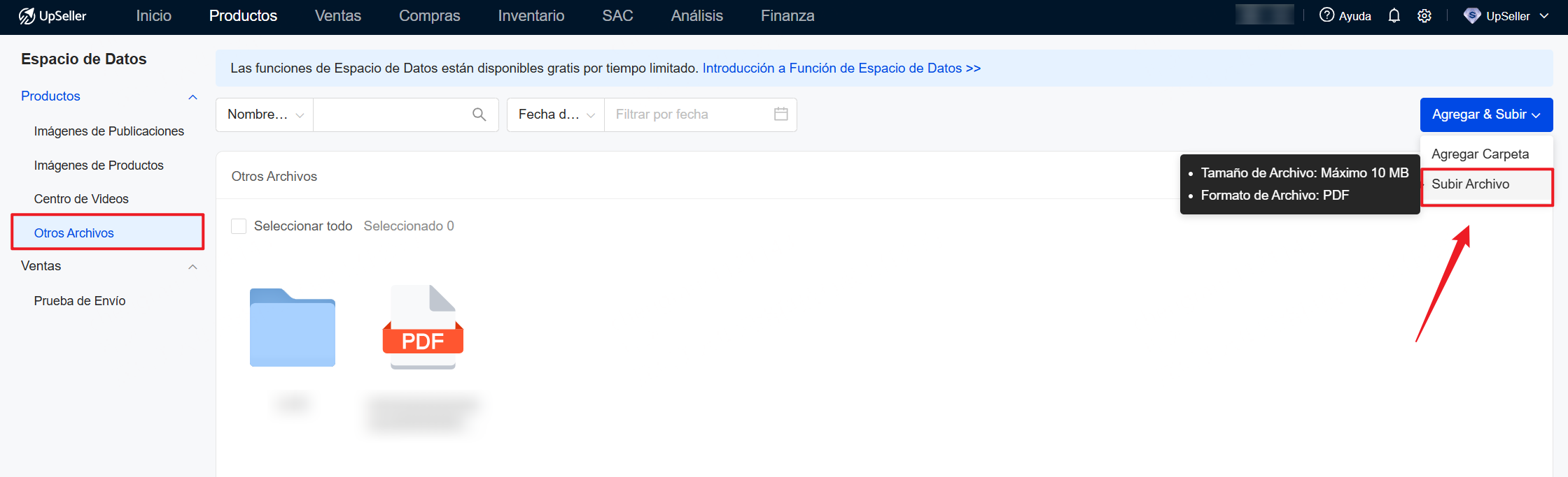 Espacio de Datos para subir contrato con UpSeller