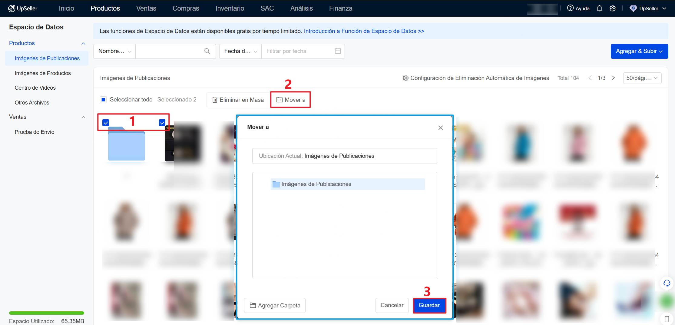 Mover en masa: Puedes mover varios archivos a una carpeta específica
