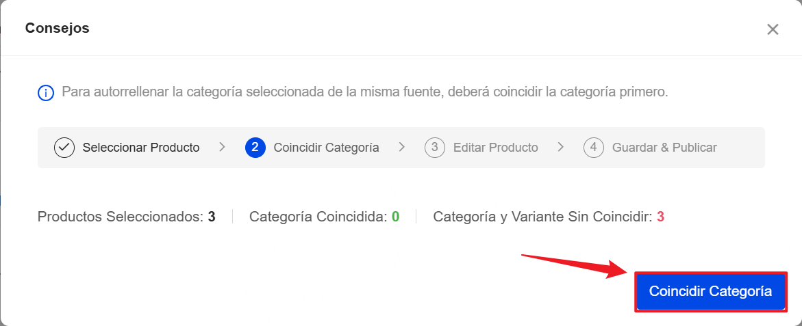 Haz clic en Coincidir Categoría