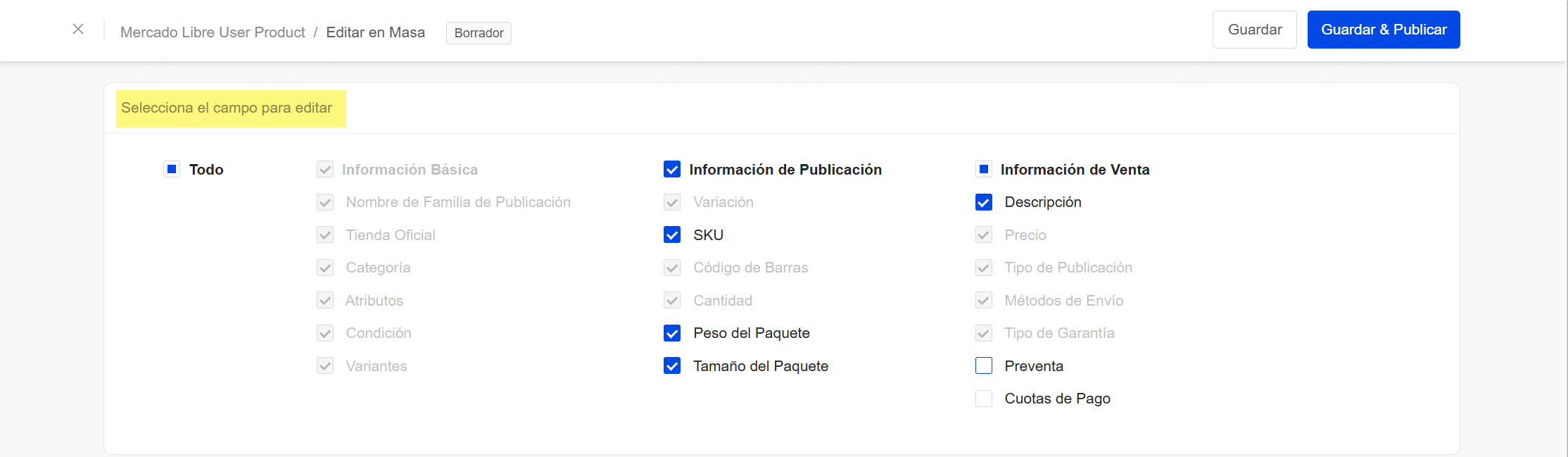 Selecciona los campos que deseas editar