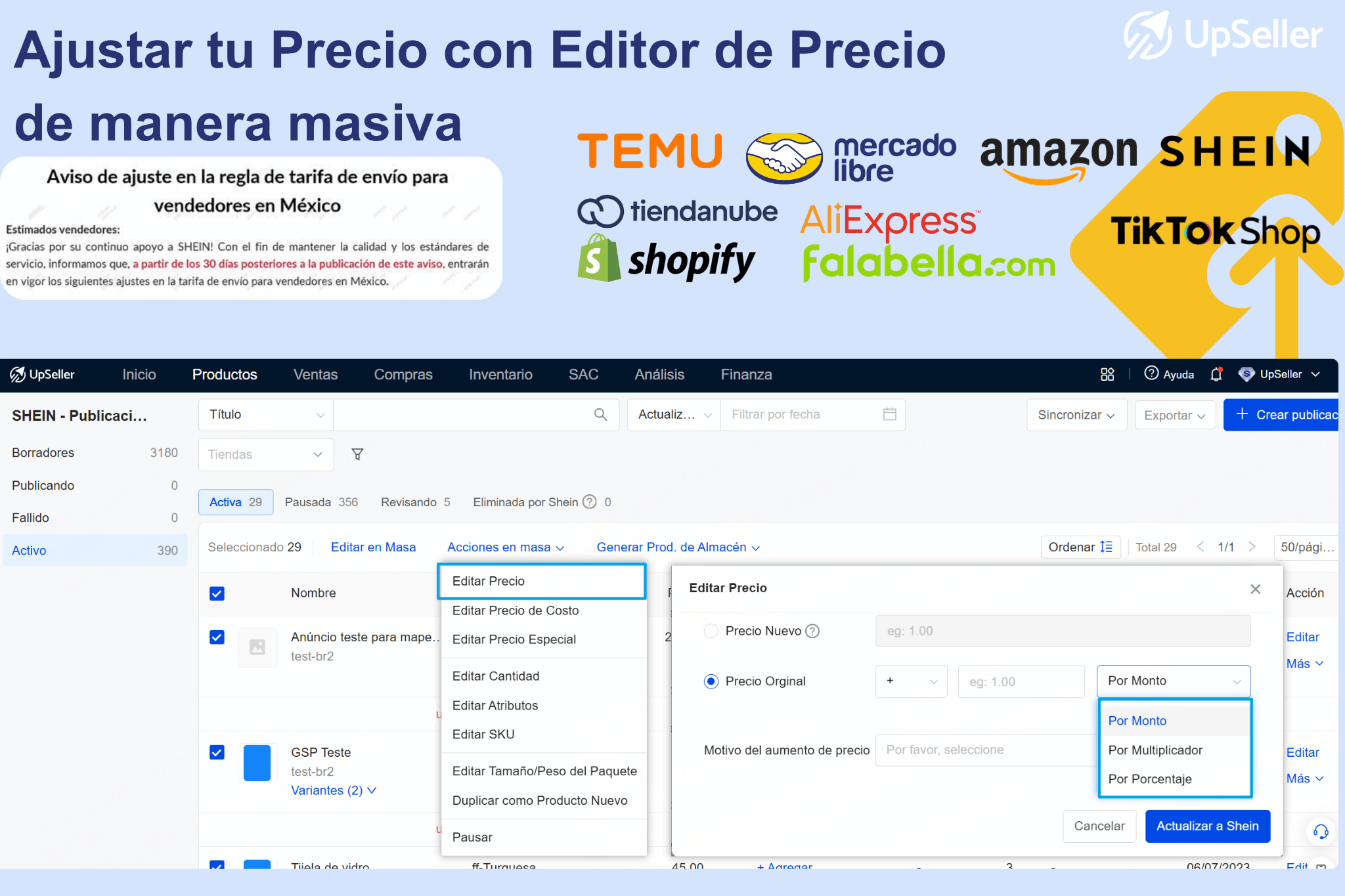 Editor masivo para ajustar precios de Shein con solo un clic