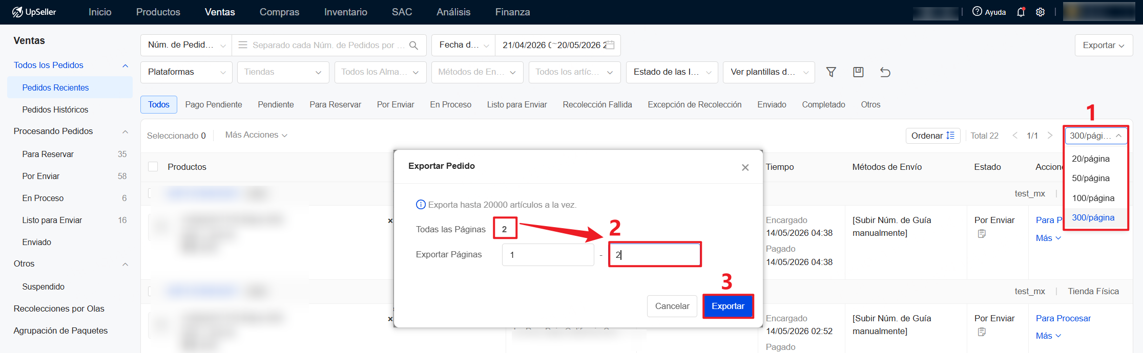 Si necesitas exportar todos los pedidos de todas las páginas, puedes seleccionar 300 pedidos por página y asegurarte de ingresar el número total de páginas en el campo correspondiente al exportar