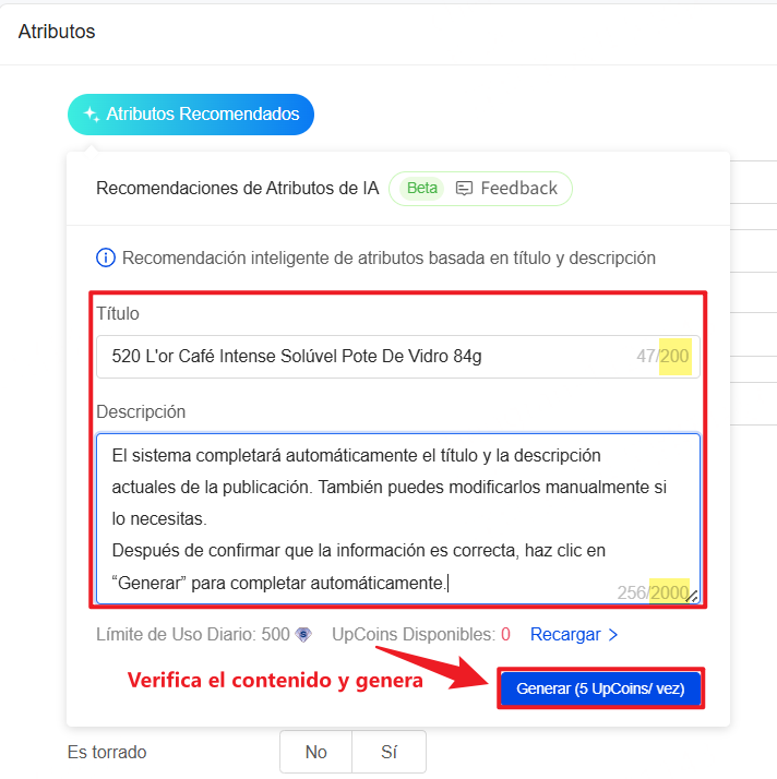 El sistema completará automáticamente el título y la descripción actuales de la publicación