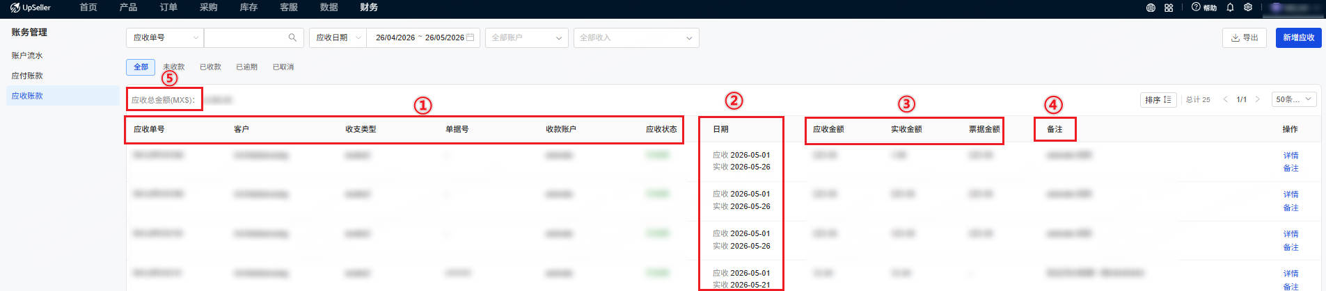 应收账款的页面字段
