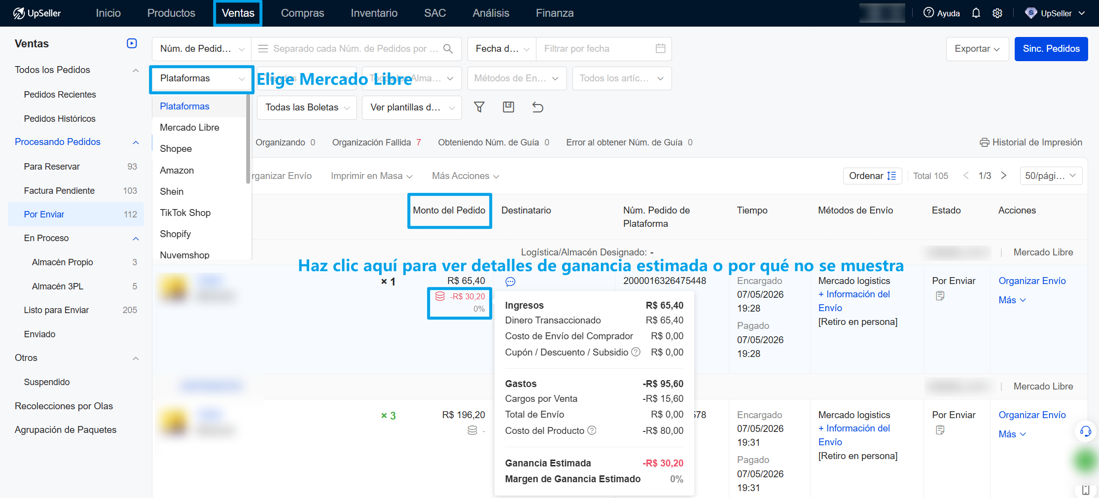 Introducción de ganancia estimada de pedido