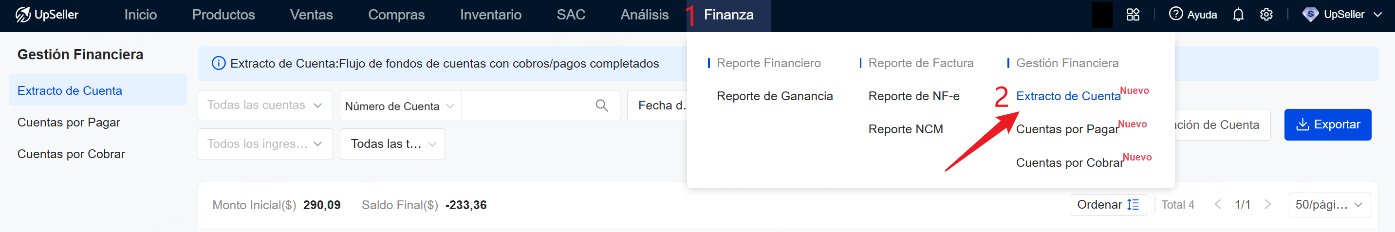entrada de Extracto de Cuenta de Gestión Financiera de UpSeller