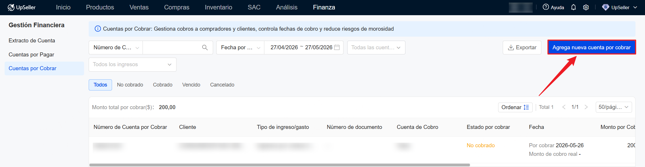 Haz clic en Agrega nueva cuenta por cobrar