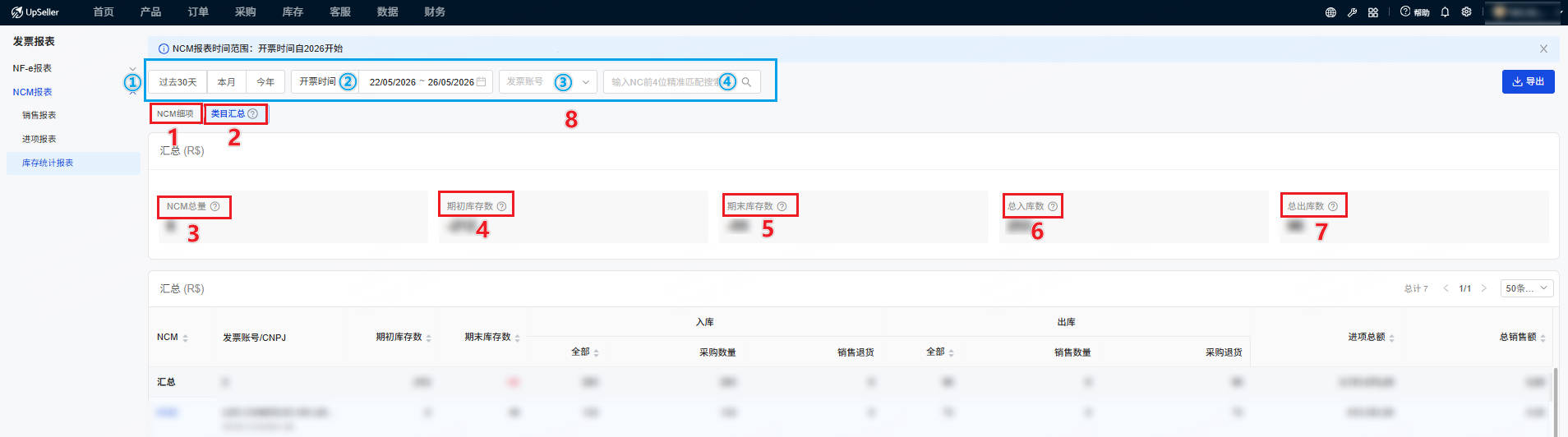 NCM库存统计报表页面字段