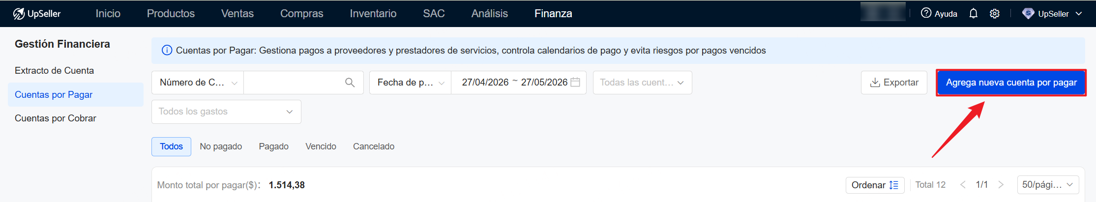 Haz clic en Agrega nueva cuenta por pagar
