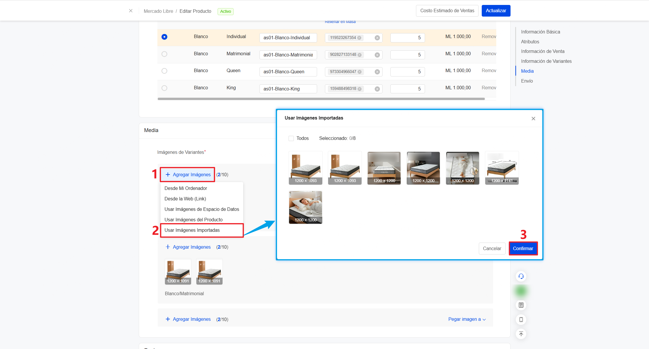 Haz clic en Usar Imágenes Importadas para añadir las imágenes faltantes