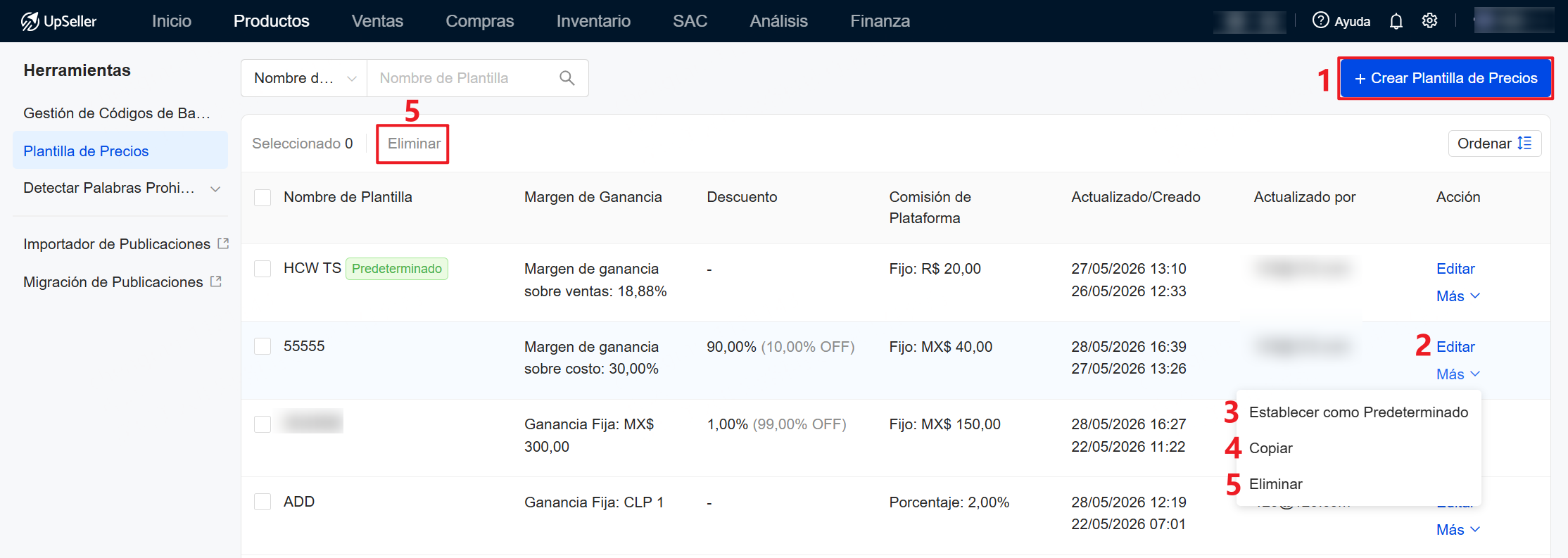 realizar acciones como: crear, editar, copiar, eliminar y establecer una plantilla predeterminada.