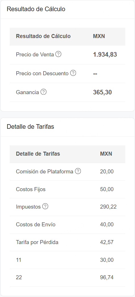Resultado de Cálculo y Detalle de Tarifas