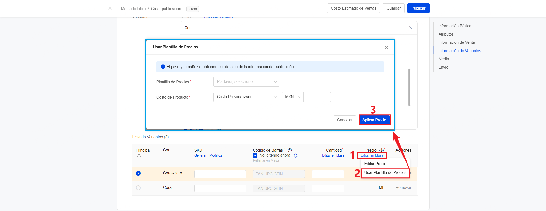 usar la plantilla al editar precios en masa desde Lista de Variantes