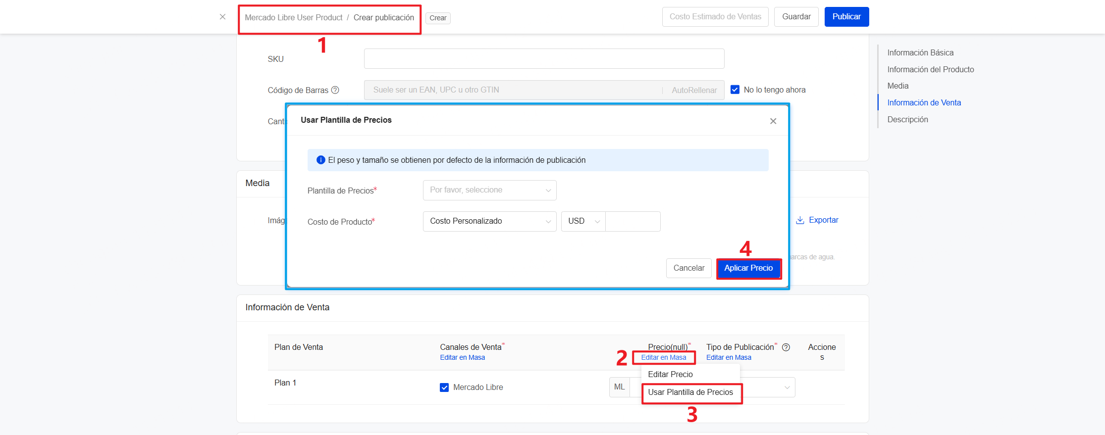 En la página de creación de User Product, haz clic en Editar en Masa para Precio y selecciona la plantilla de precios