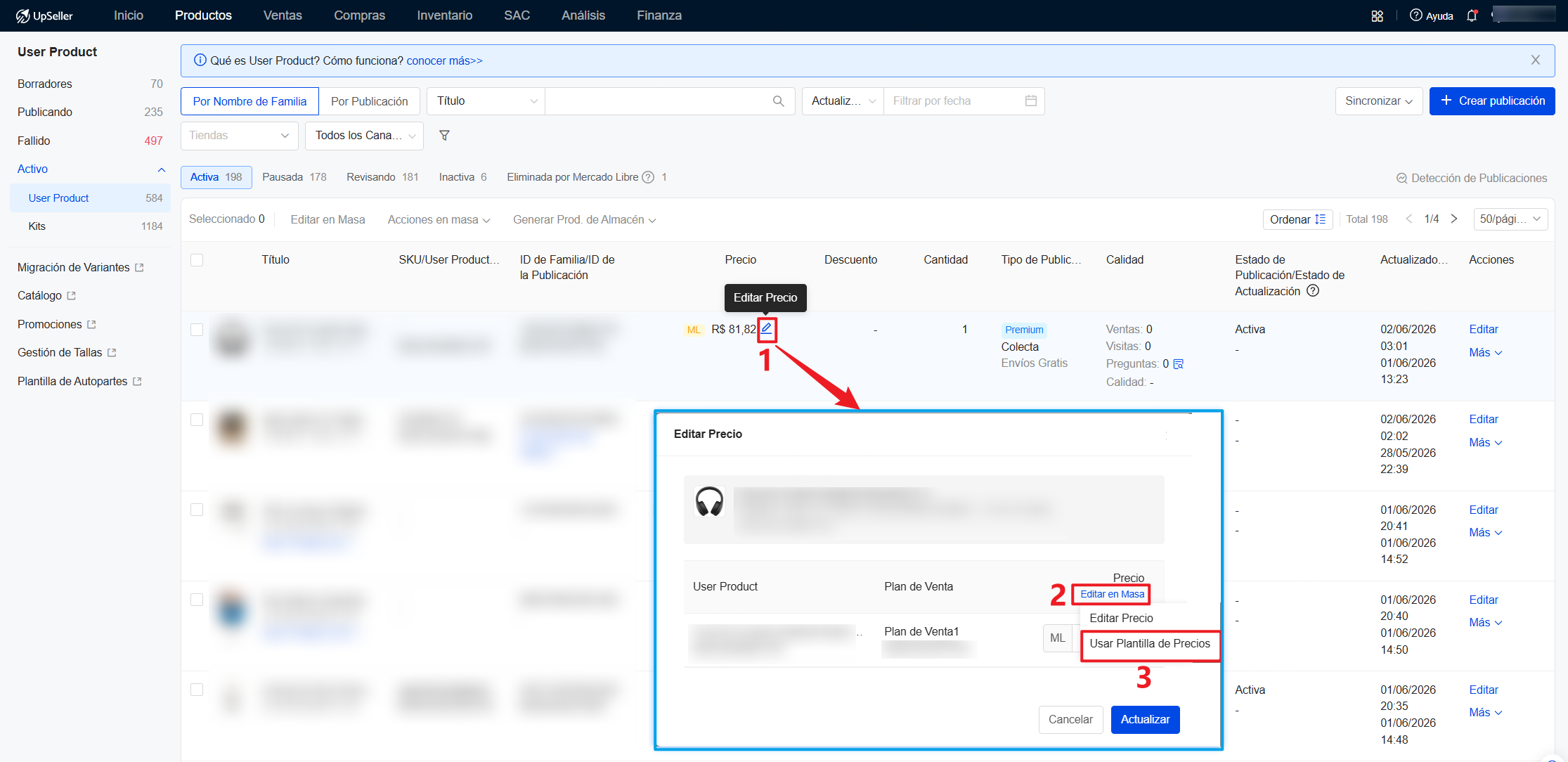 Usar Plantilla de Precios desde User Product