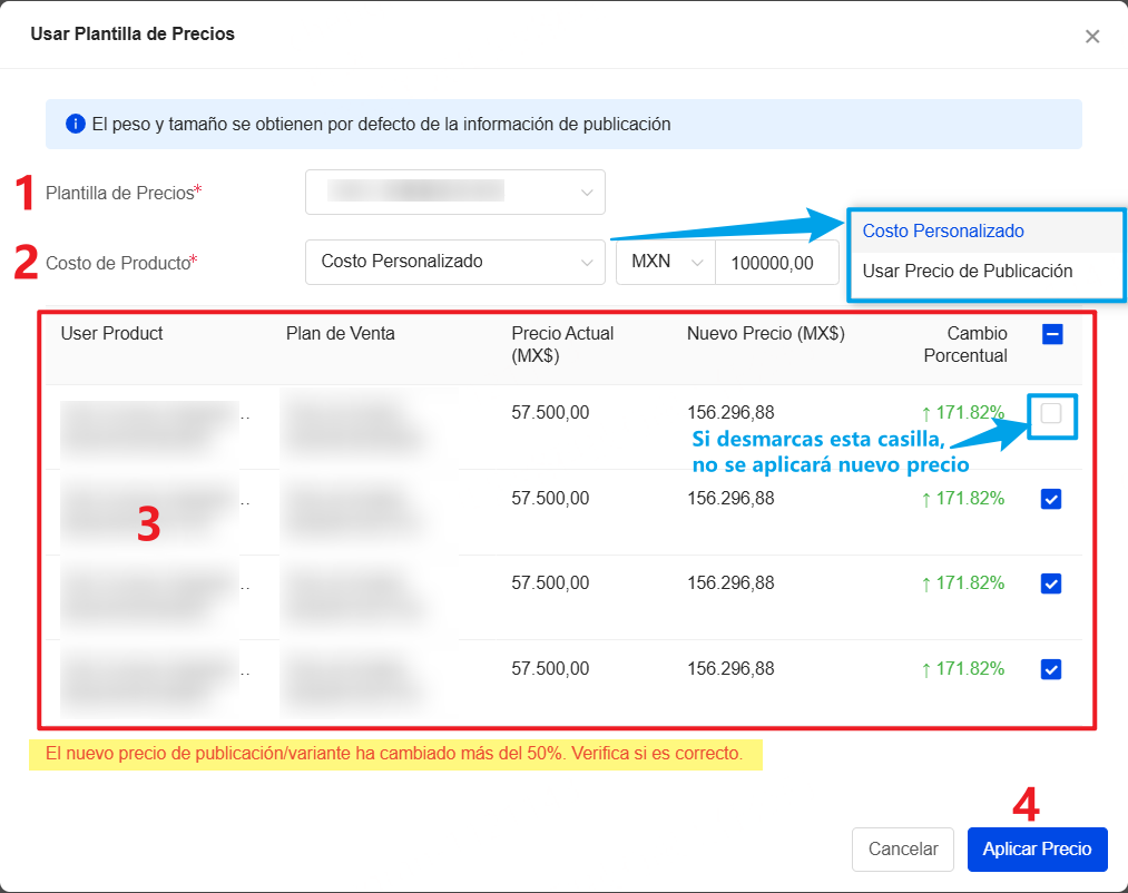Cómo se aplican los precios tras usar la plantilla de precios?