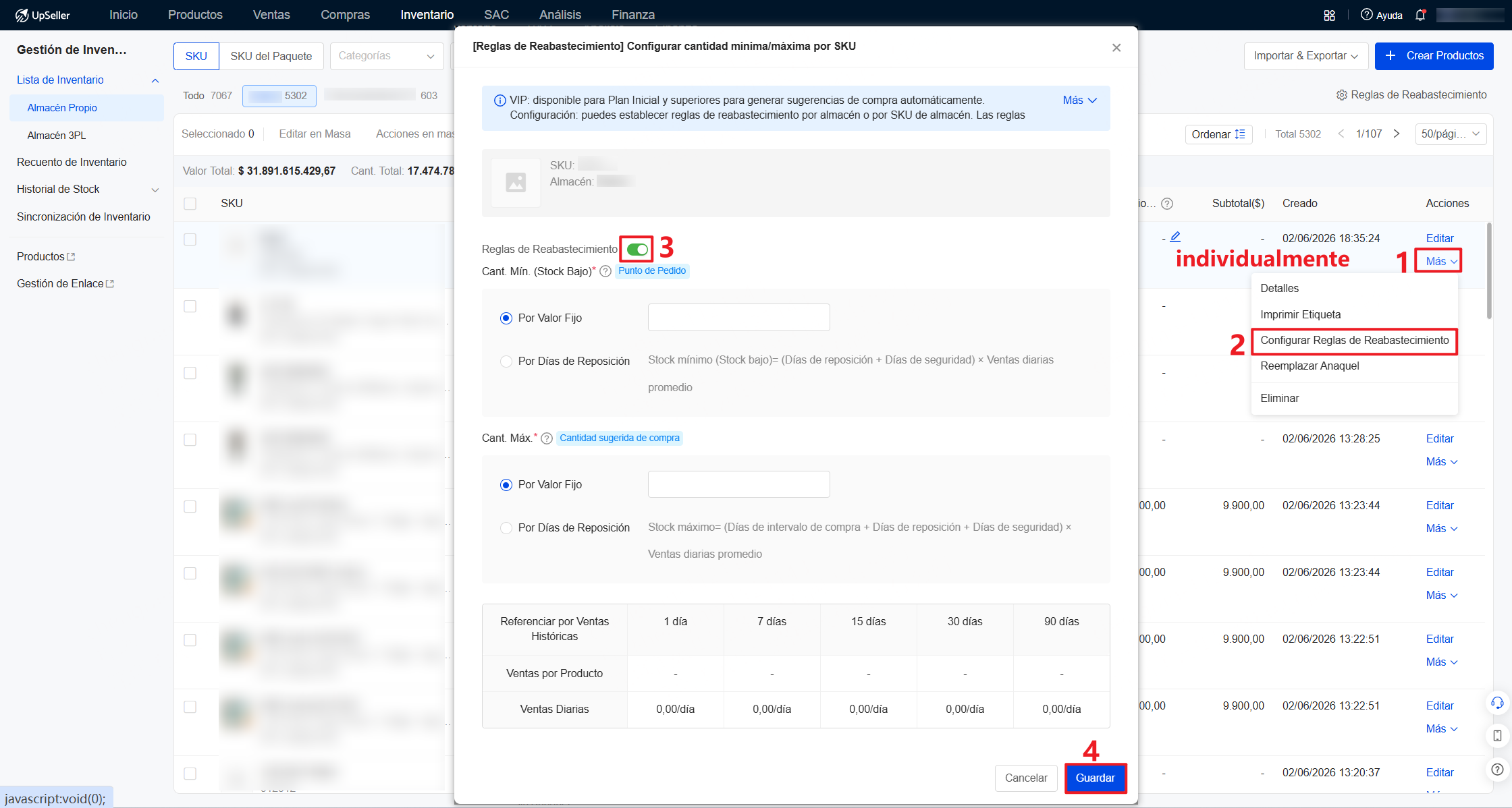 Configurar reglas de reabastecimiento por SKU de almacén individualmente