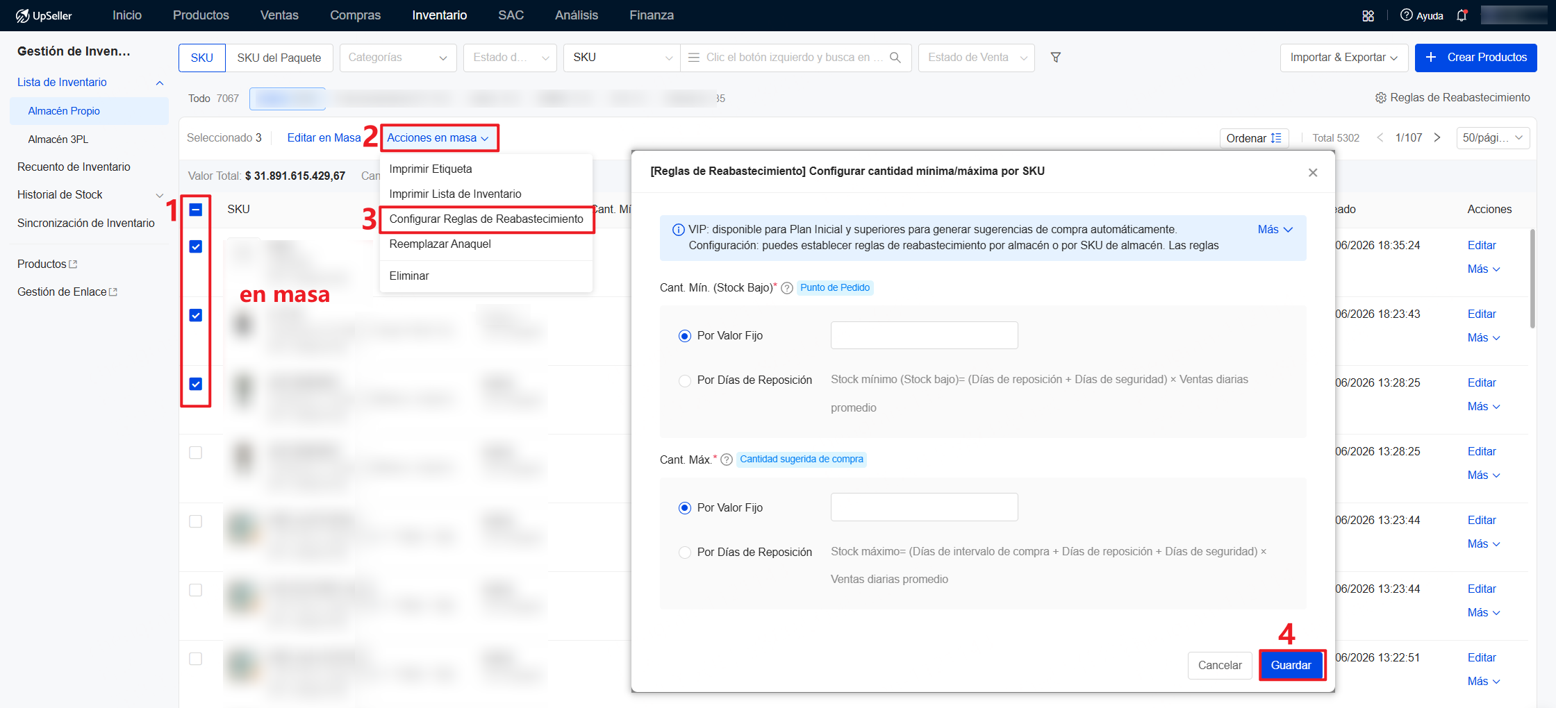 Configurar reglas de reabastecimiento por SKU de almacén en masa