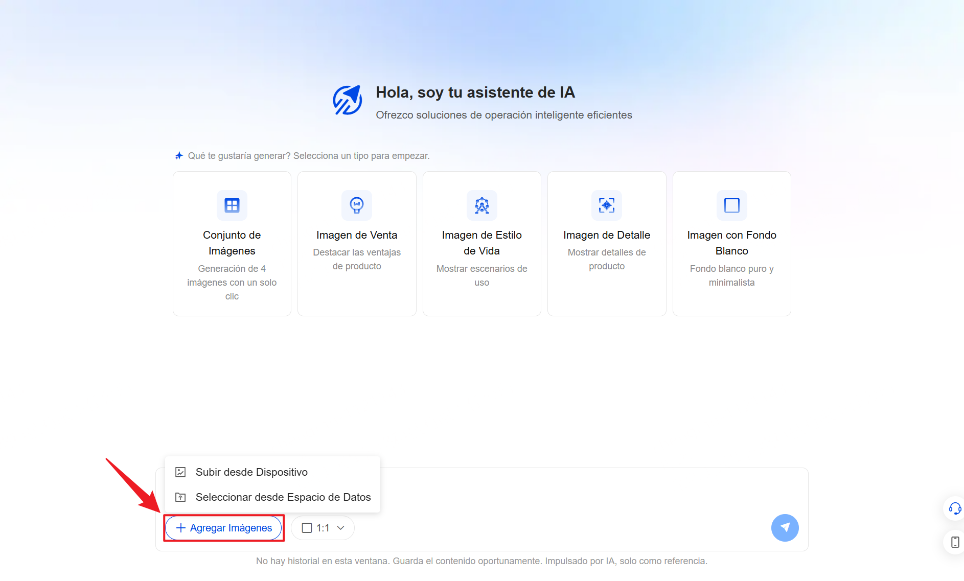 Haz clic en Agregar Imágenes para subir tu imagen del producto