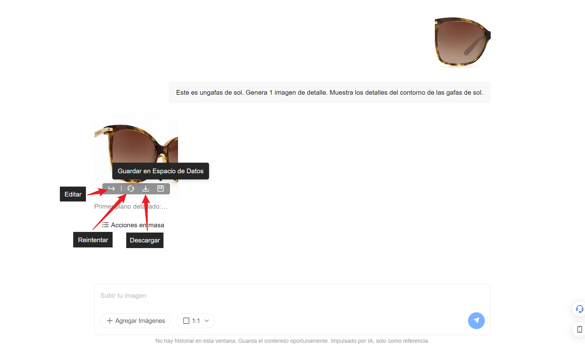 Puedes Editar, Reintentar, Descargar y Guardar en Espacio de Datos