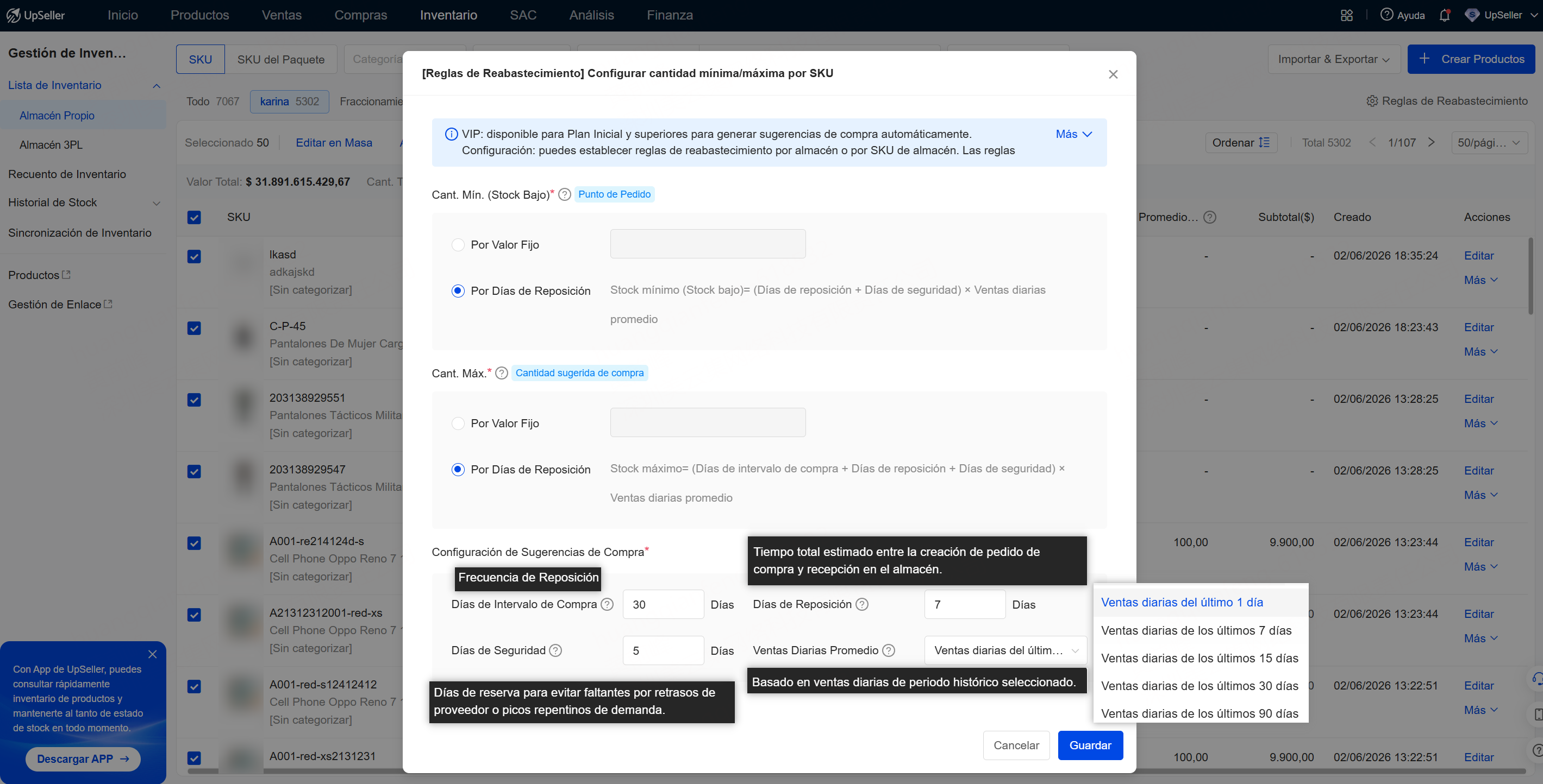 Configurar Cant. Máx. para saber cuánto reabastecer