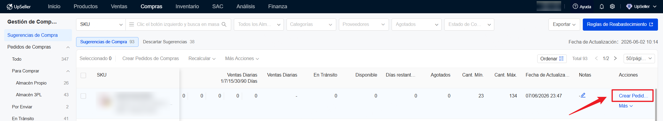 Crear pedidos de compras individualmente