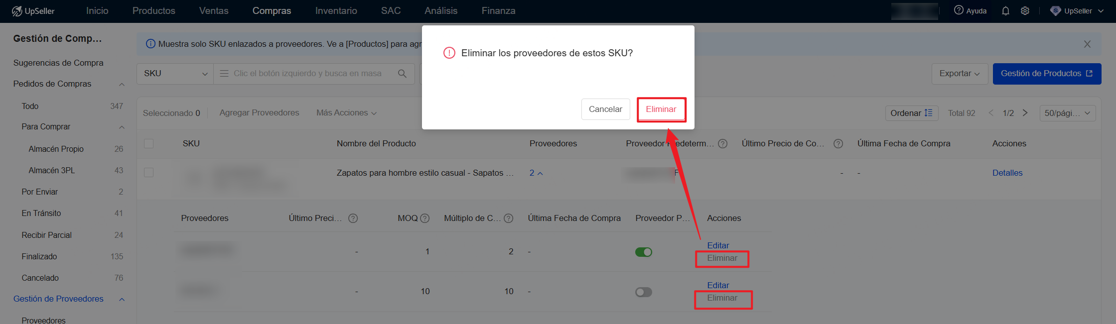 Eliminar relación de abastecimiento individualmente