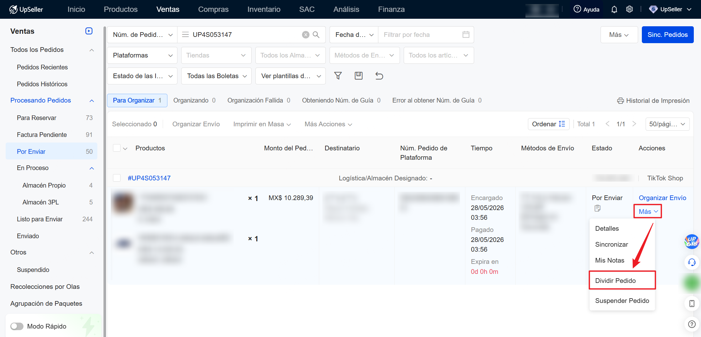 Entrada para Dividir Pedido