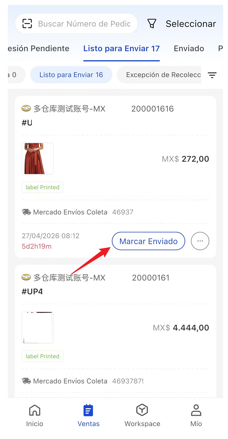 Marcar Enviado para mover a Enviado