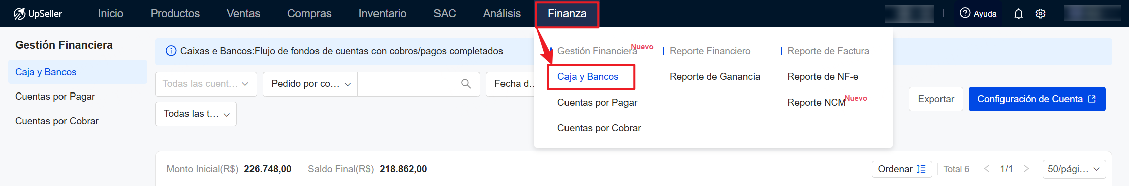 entrada de Caja y Bancos de Gestión Financiera de UpSeller