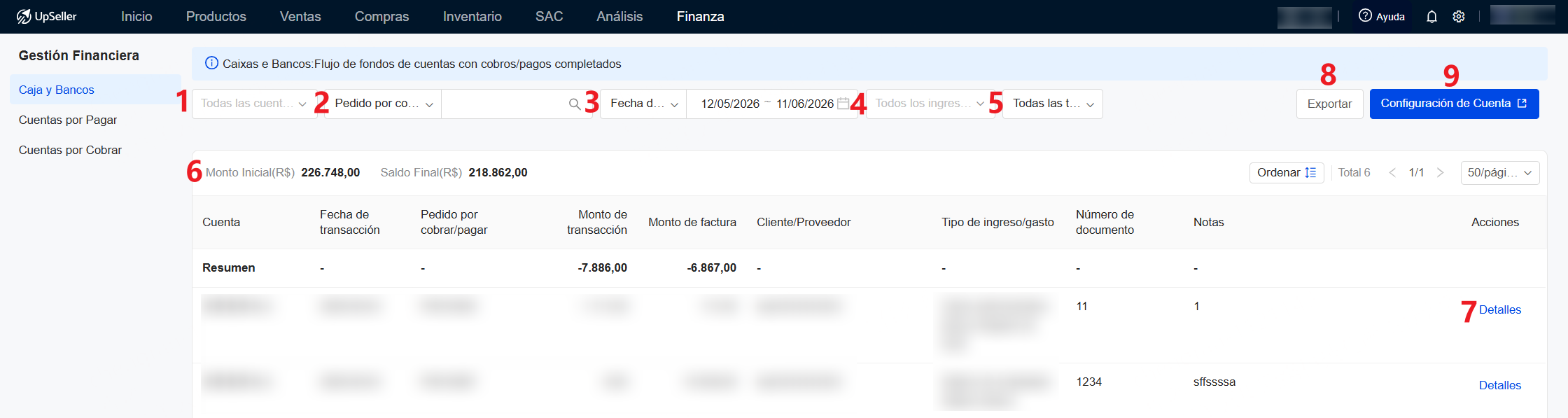 Introducción de campos de la página de Caja y Bancos