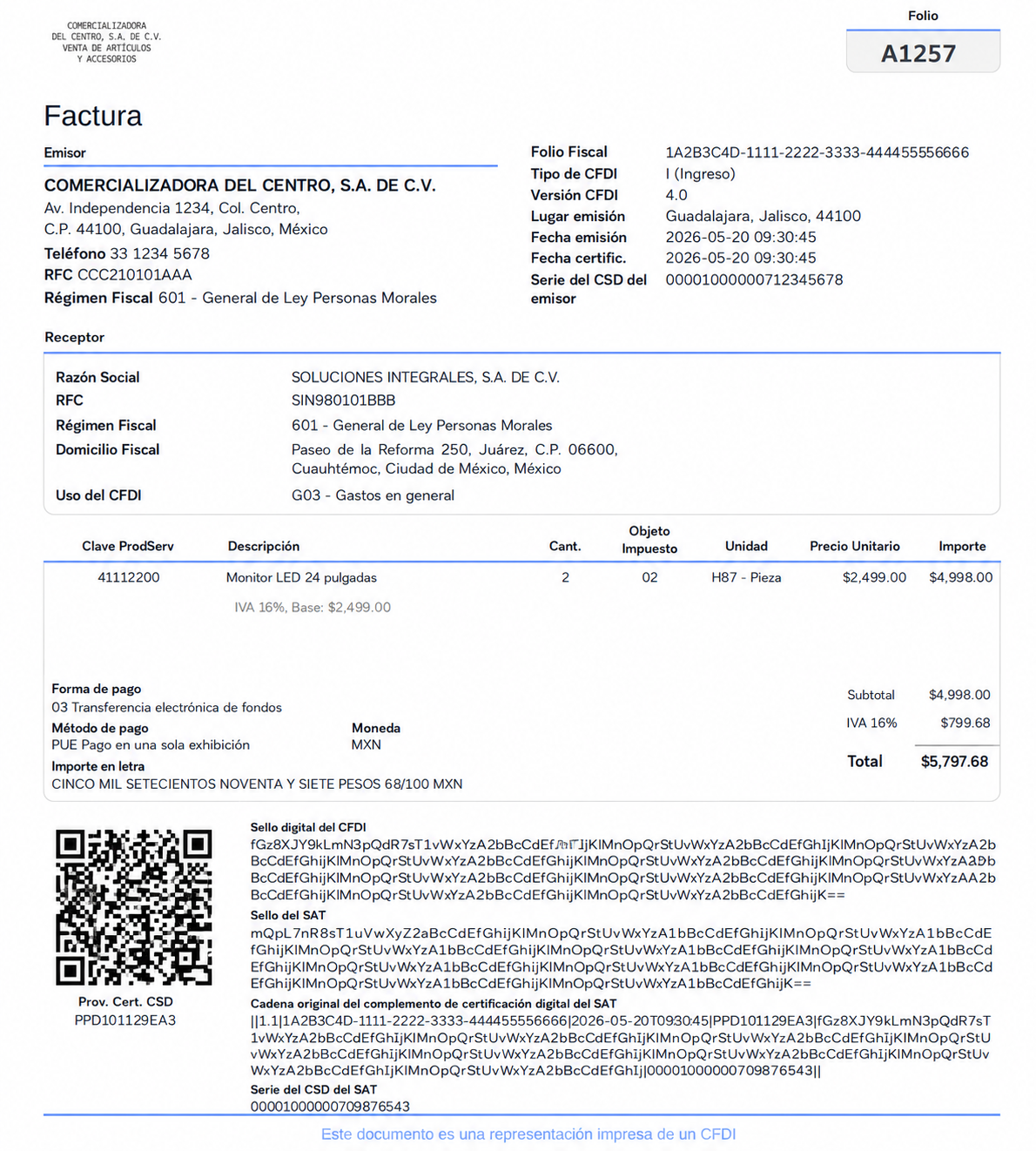 Factura CFDI 4.0 ejemplo en PDF