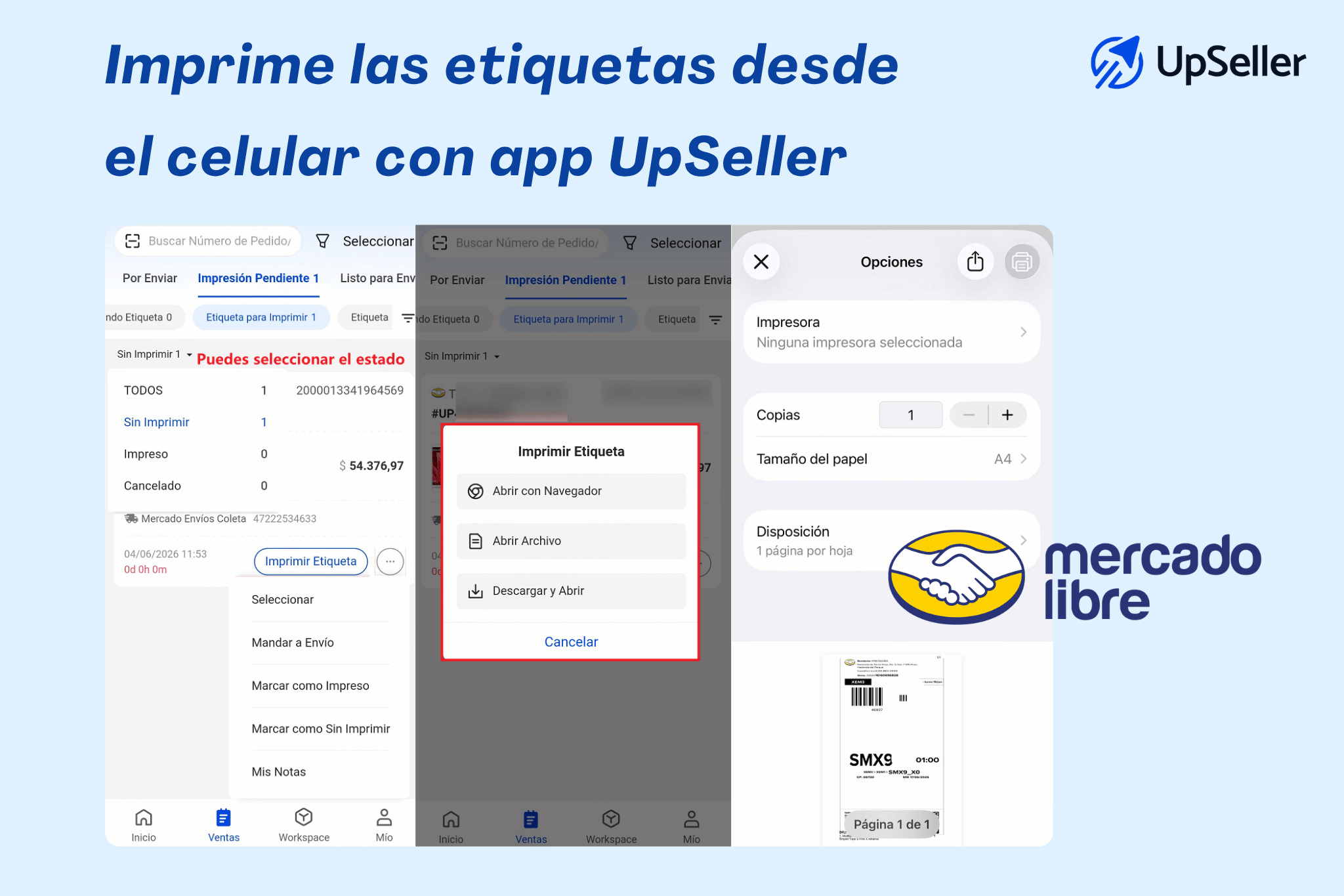 Imprime las etiquetas Mercado Libre desde el celular con app UpSeller