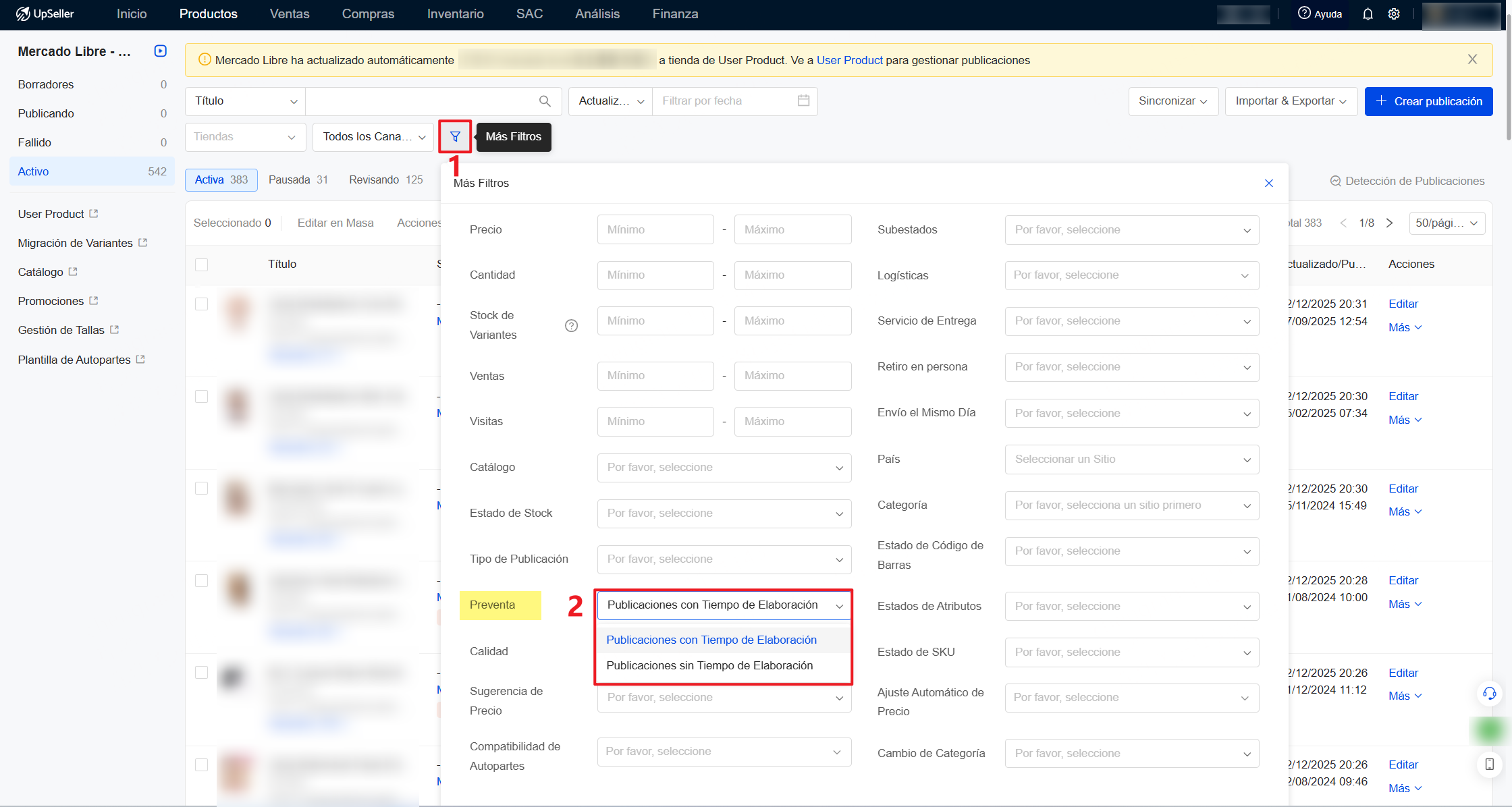 Haz clic en Más filtros, busca Preventa, selecciona Publicaciones con Tiempo de Elaboración