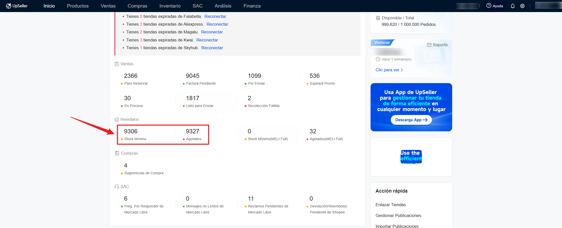 Podrás ir a la lista de inventario desde ''Stock Mínimo / Agotados'' del inicio