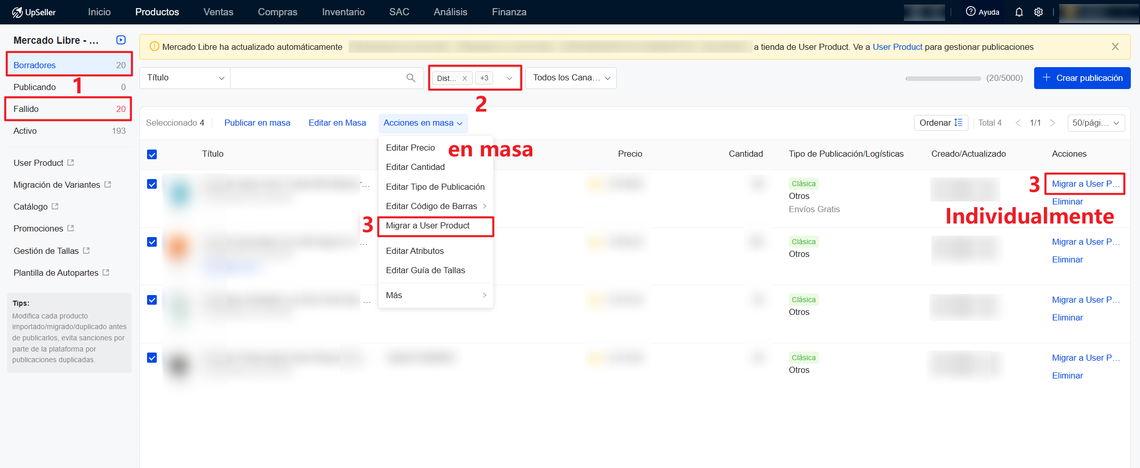 Cómo migrar publicaciones de Borradores y Fallido a User Product después de actualizar tu tienda de Mercado Libre?