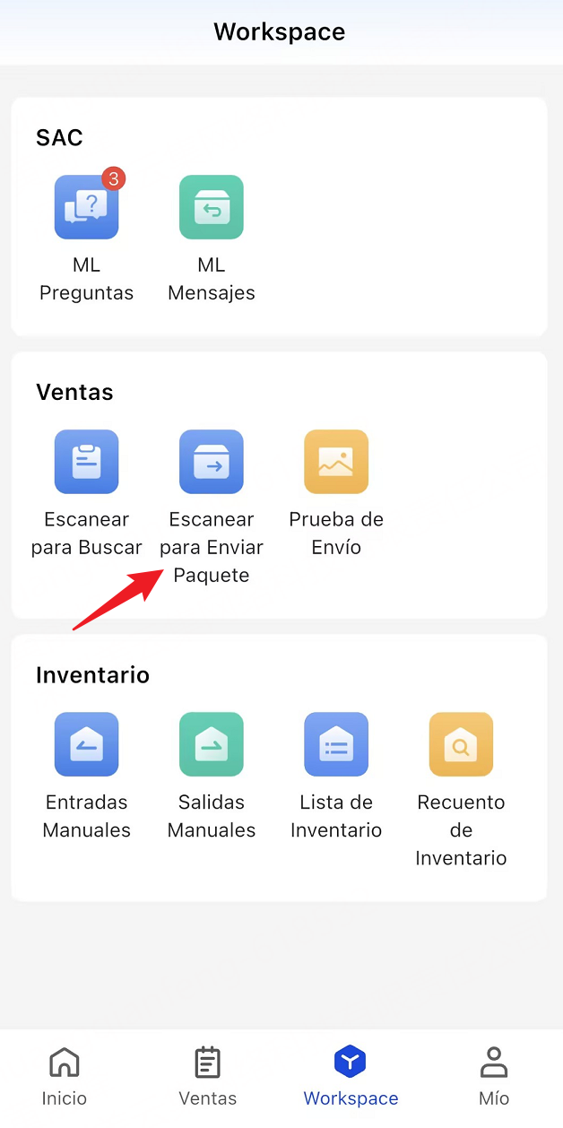 Entrada de Escanear para Enviar Paquete en UpSeller App