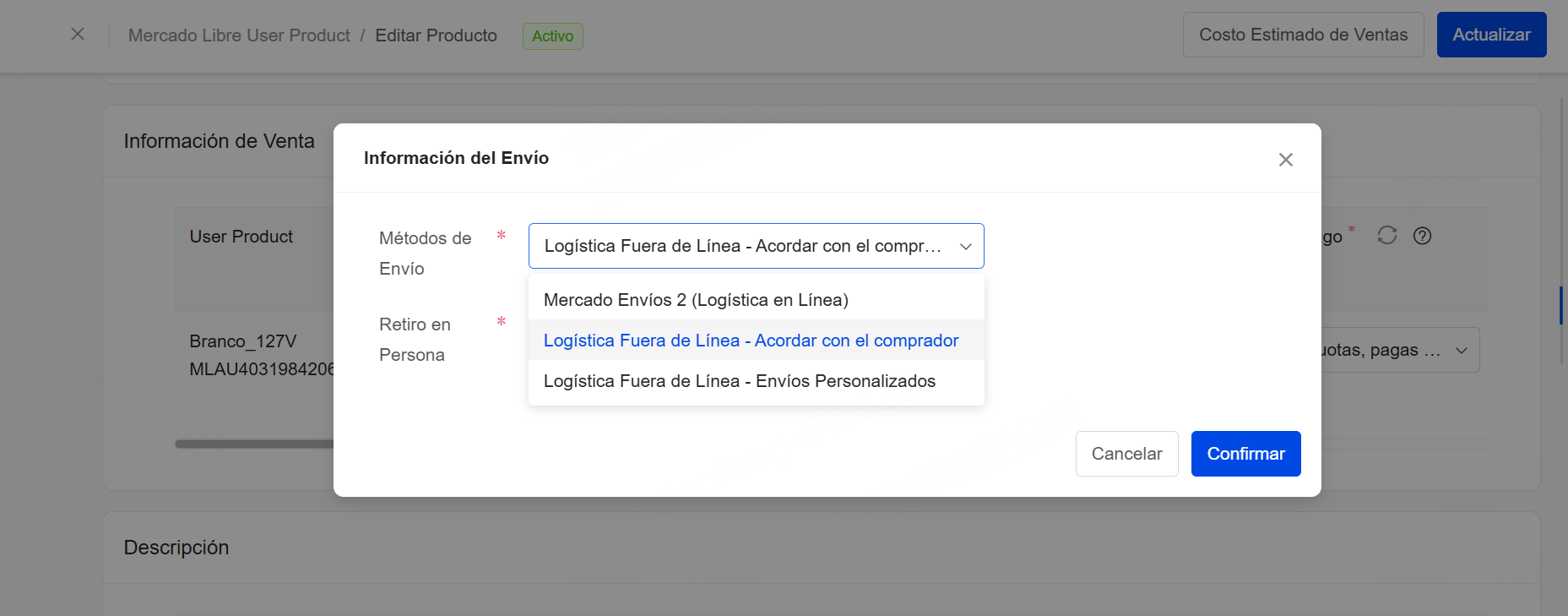 editar metodo de envio de publicacion de mercado libre