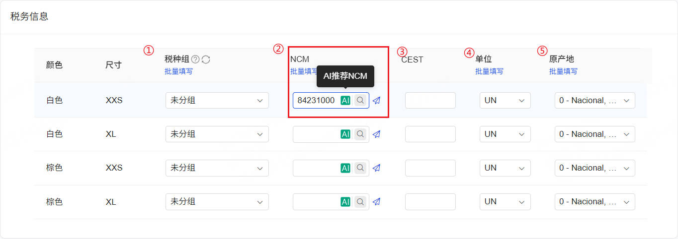 填写商品的税务信息包含税种组、NCM、单位、原产地、CEST